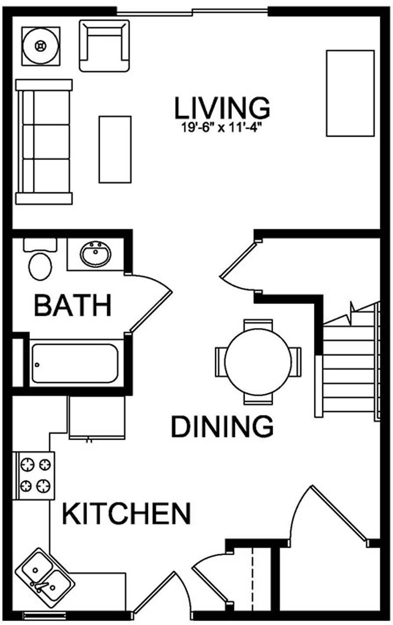 Pine Grove Townhome Style Floor Plan first floor in black and white
